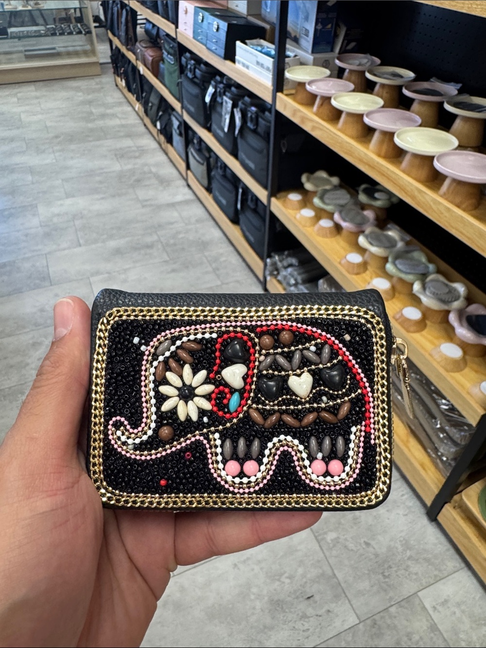 Beaded Elephant Zip Card Wallet - Black